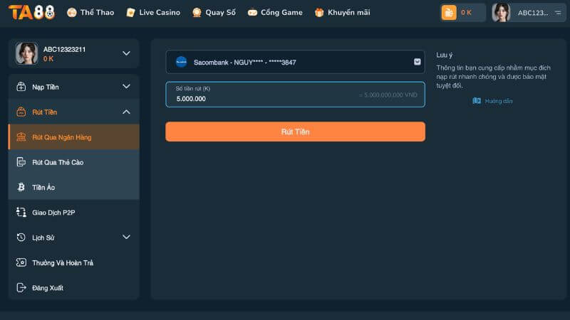 Hướng dẫn rút tiền tại nhà cái TA88